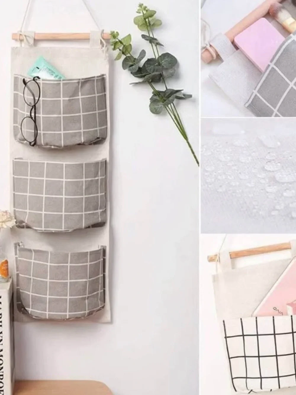 Wall Hanging Pocket Organizer Pair - Grid Pattern (White & Gray)